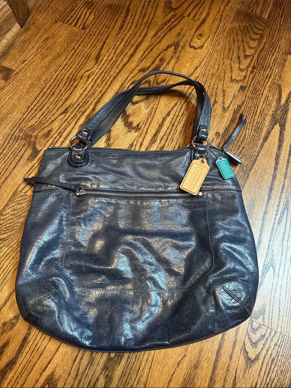 Coach Shoulder Tote in Navy Blue with Tan & Teal Tags